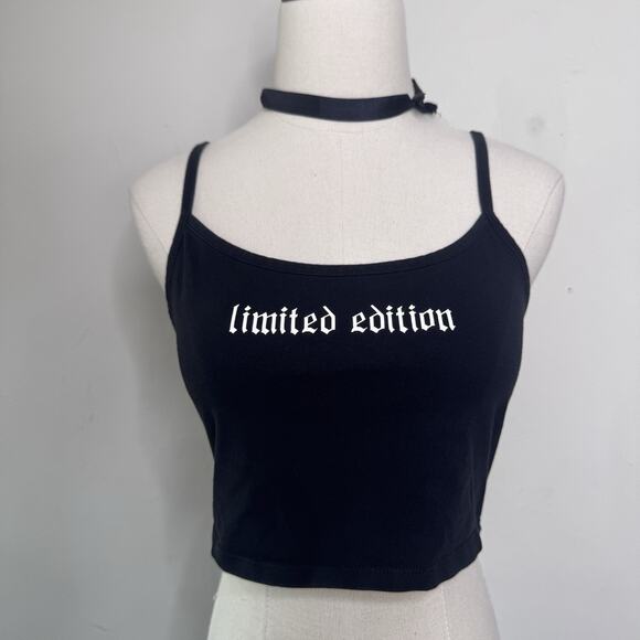 Y2K LIMITED EDITION Black Cami Crop Top Graphic Print Baby Tee Indie Mall Goth M - Picture 1 of 5